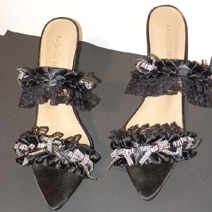 Fashion Nova Black Heels with Lace and Bow Detail